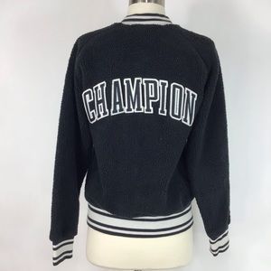 Champion Sherpa bomber jacket Womens S black spell out collegiate Preppy Cropped